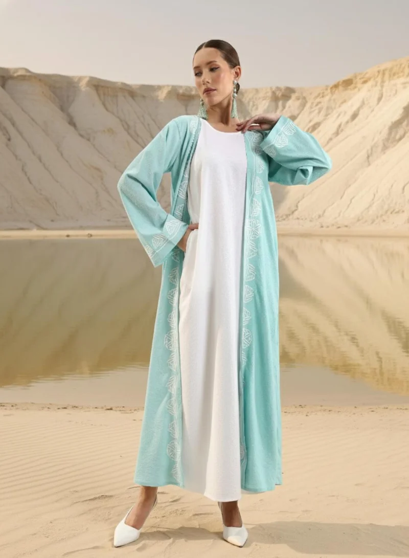 آي شين Aqua Blue Thread Embroidered Layered Abaya with Hijab